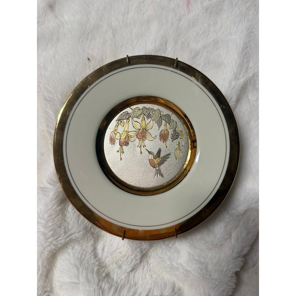 Dynasty Gallery Art of Chokin Plate Japan hummingbirds 24KT Gold Rim